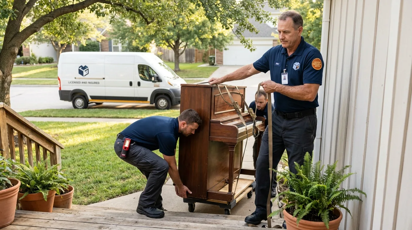 Licensed piano movers securing grand piano in Gove, KS