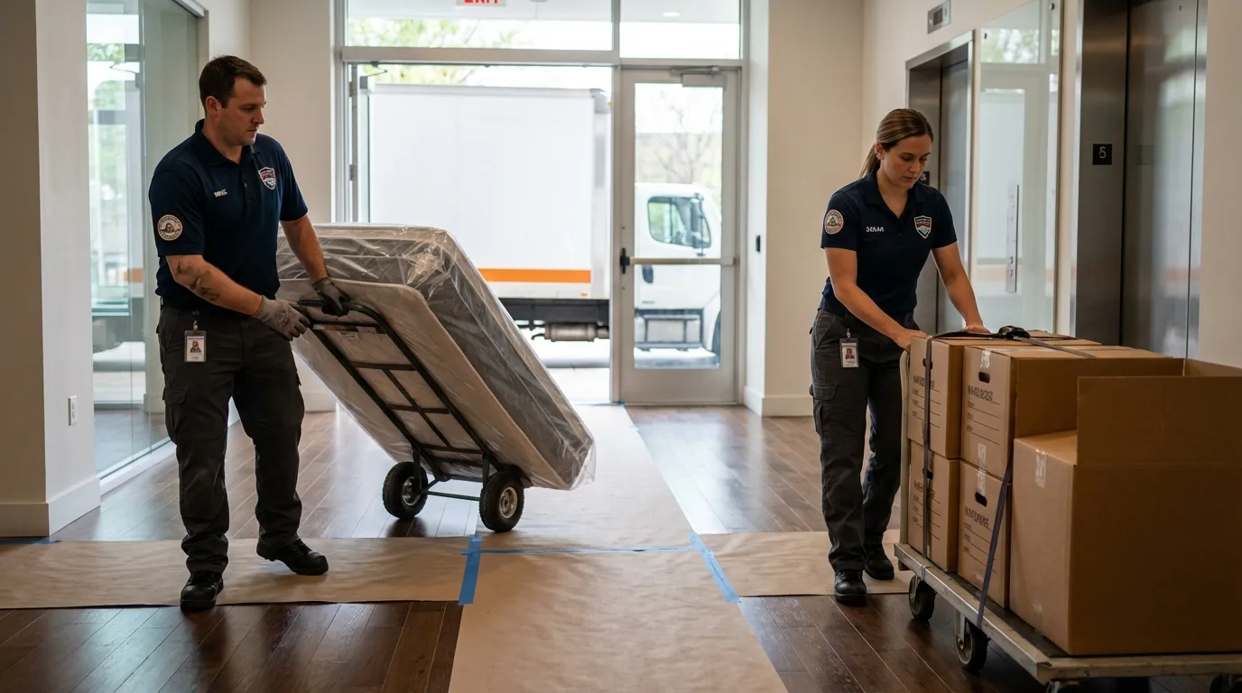 Professional apartment movers loading elevator in Gove, KS